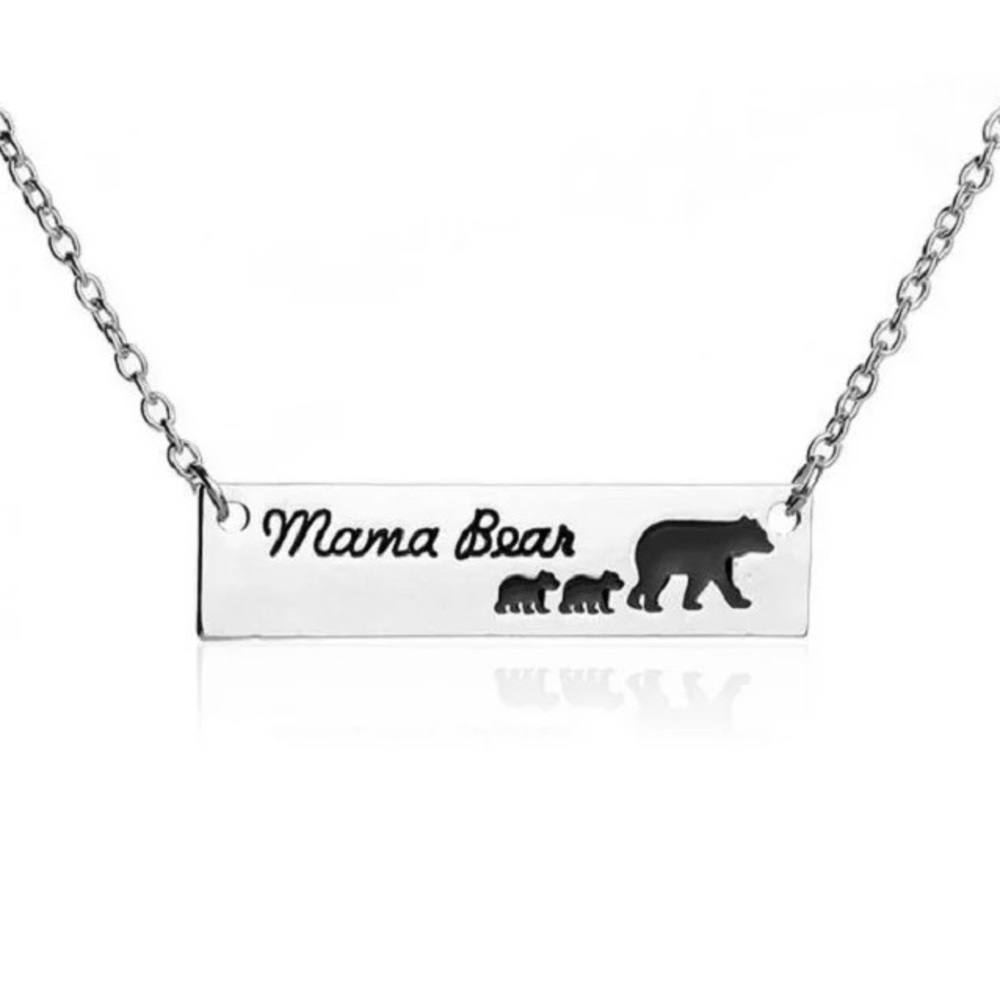 Mama Bear and Cubs Silver Bar Pendant Necklace - Picture 3 of 8